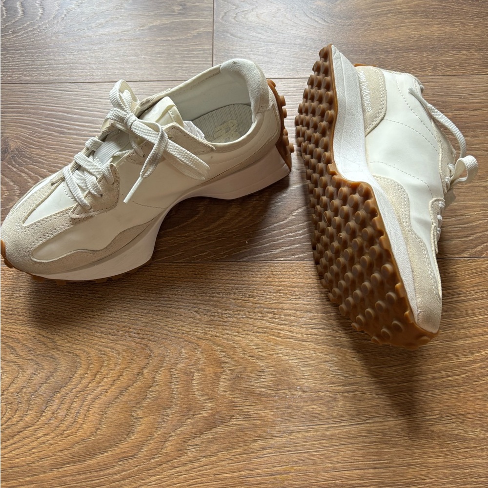 New Balance Classic 327 Cream and Tan Mixed Media Sneakers